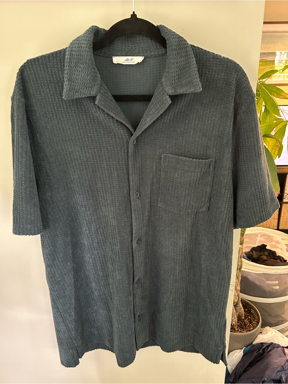 Mr P. Slate Blue Waffle Knit Short Sleeve Button Down Shirt - Size L